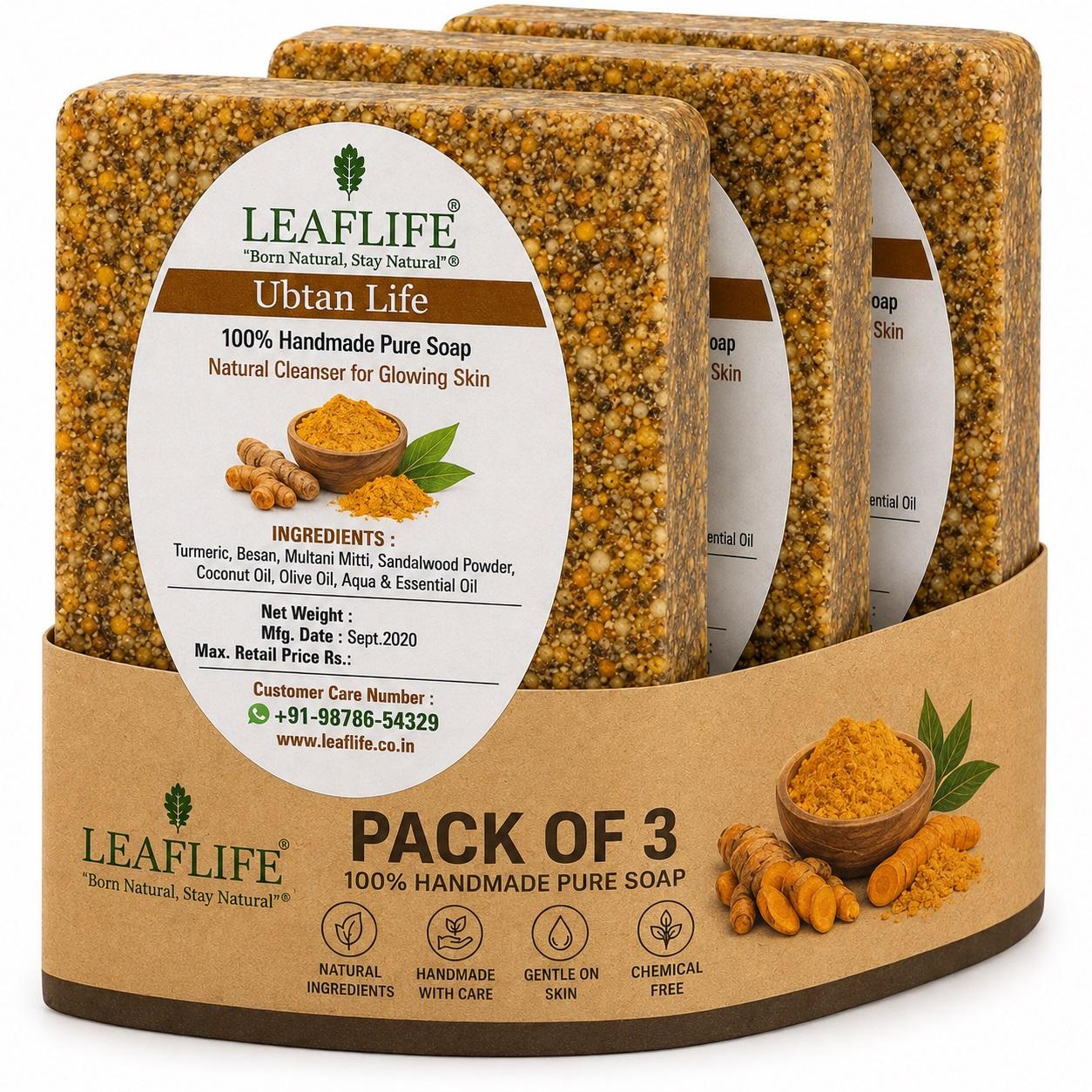 Leaflife Real UBTAN Handmade Glycerin Soap Combo Pack | 3 X 100G Bath Bars | Traditional Ubtan Care for Naturally Radiant Skin|Natural Deep Cleansing & Moisturizing Soap | Handcrafted with Natural Ingredients | for Men & Women | 3X100 Grms