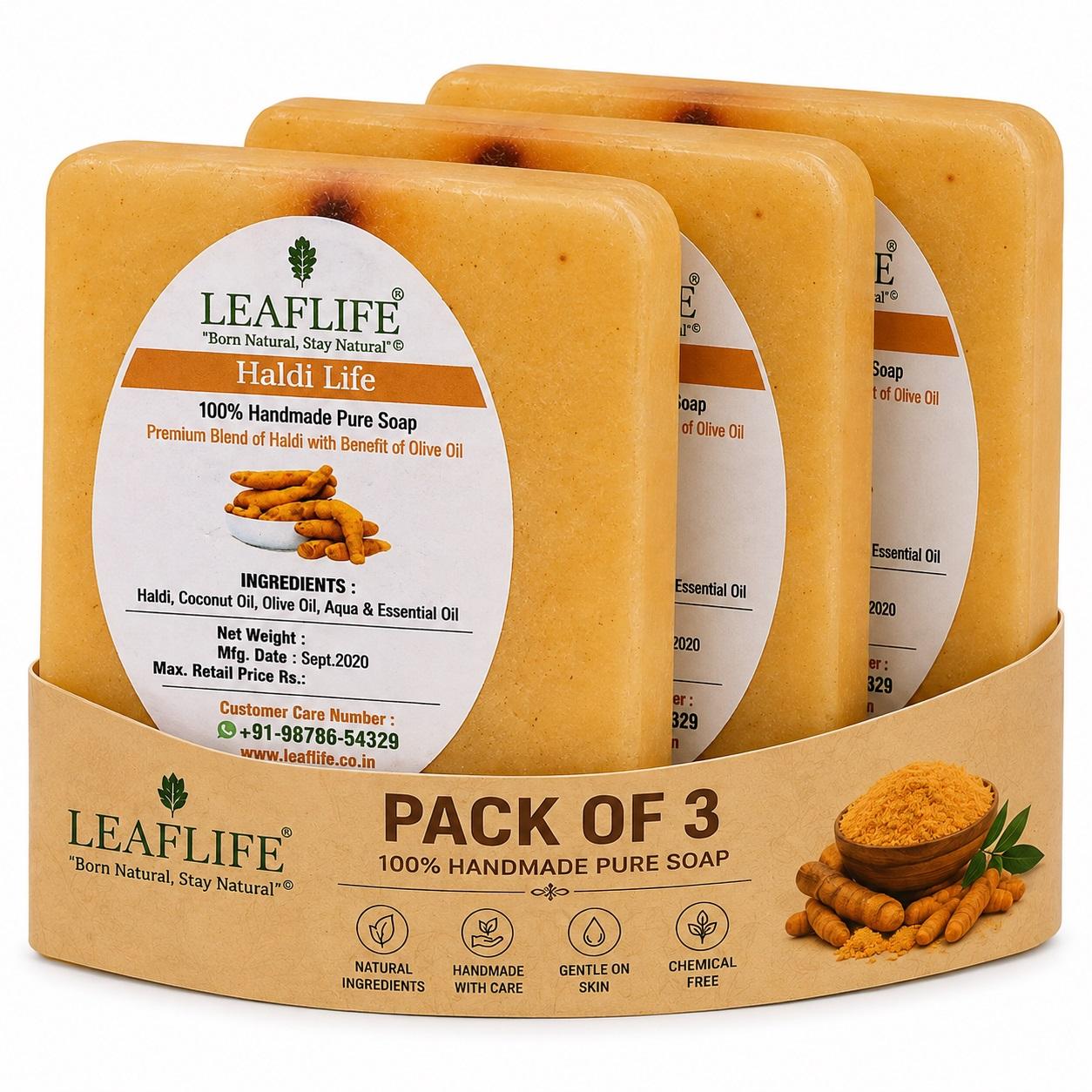 Leaflife Haldi Handmade Glycerin Soap Bar Pack of 3 (100G Each) | Natural Turmeric Bath Soap | Moisturizing Glycerin Formula | Paraben-Free | Gentle Daily Cleansing | Suitable for All Skin Types