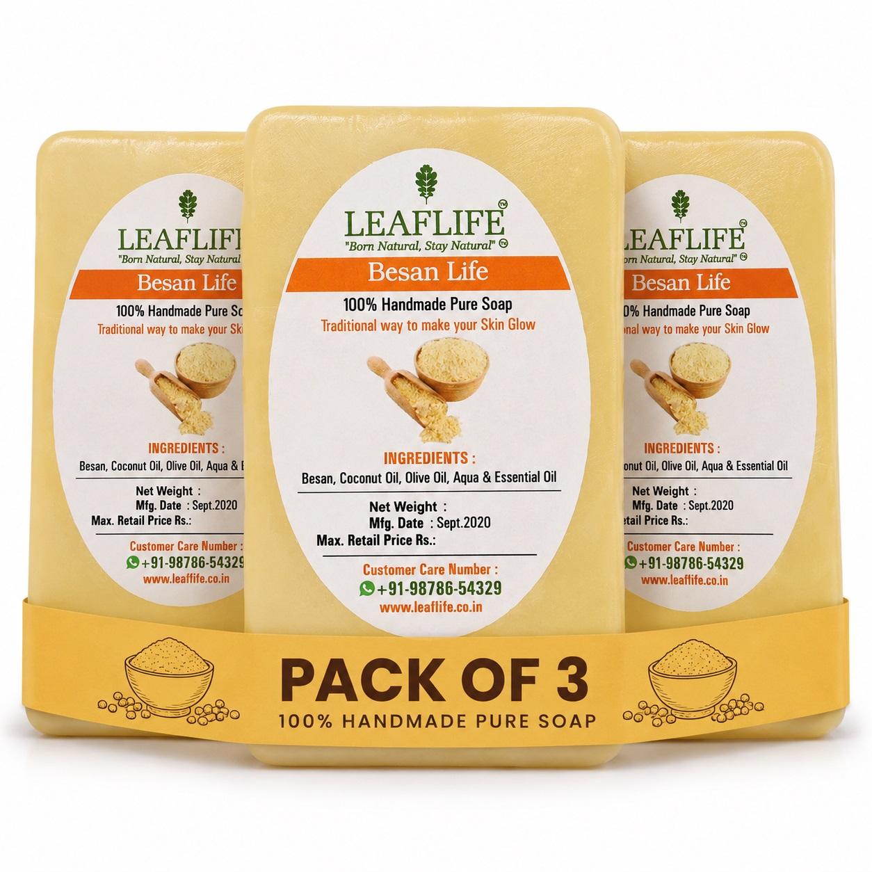 Leaflife Besan Handmade Glycerin Soap Bar Pack of 3 (100G Each) | Natural Gram Flour Bath Soap | Moisturizing Glycerin Formula | Paraben-Free | Gentle Daily Cleansing | Suitable for All Skin Types "